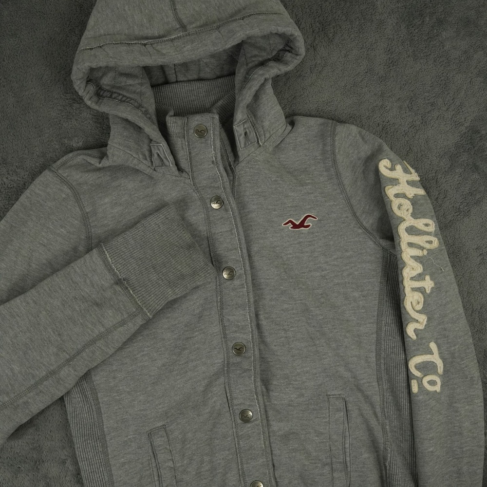 VTG Y2K Hollister Hoodie Womens L Gray Long Sleeve‎ Spell Out Snap Sweatshirt